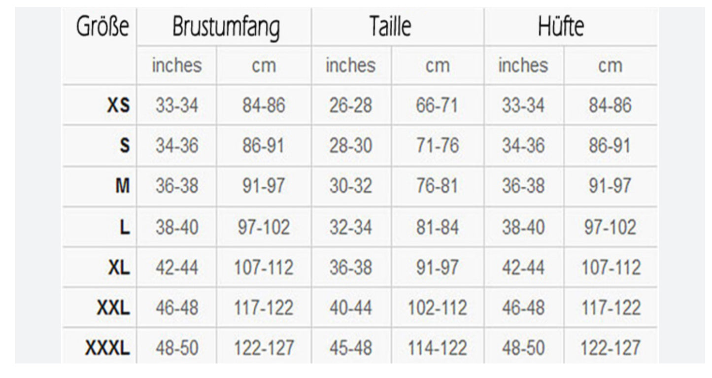 Größen Tabelle Inches in S,M,L